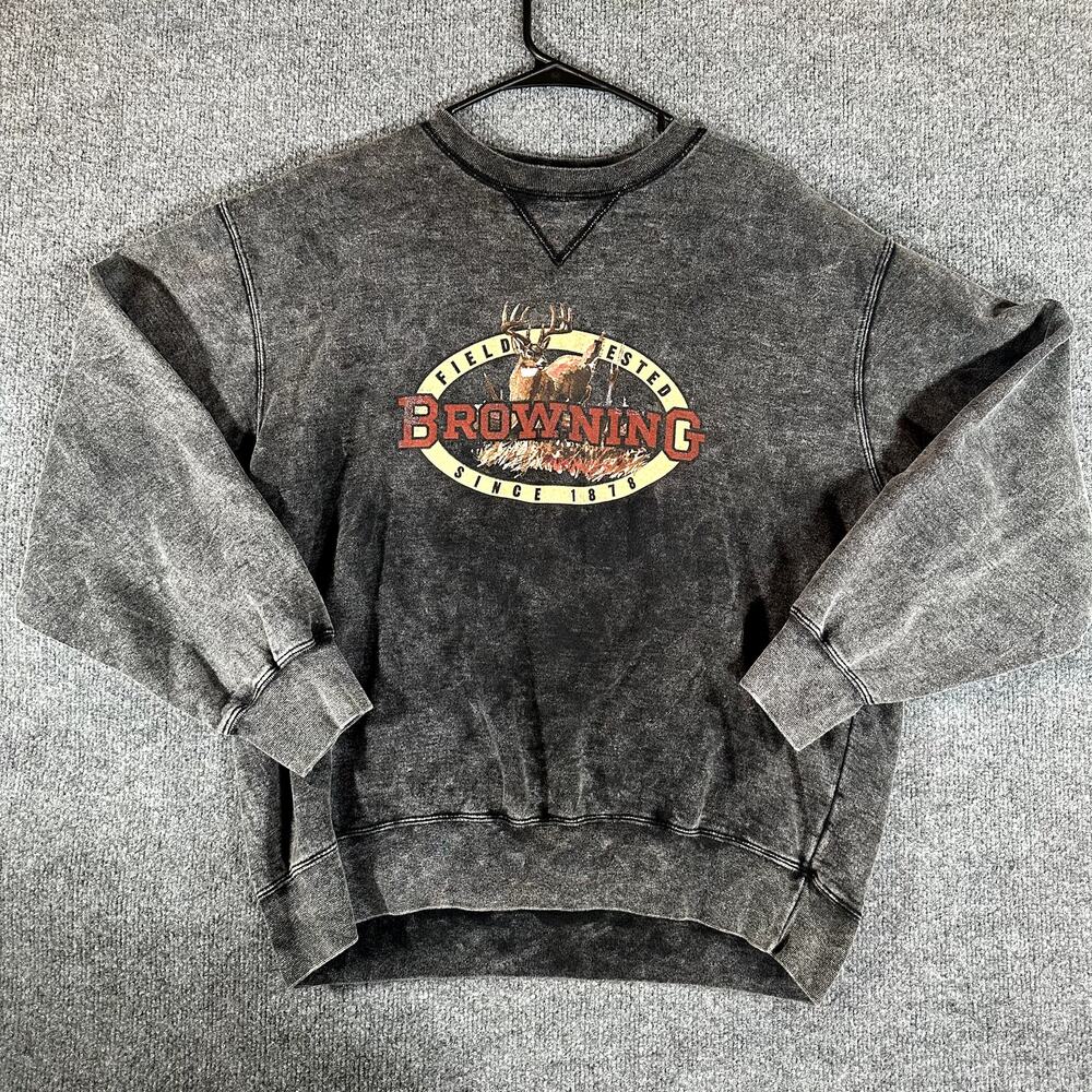 Vintage Browning Sweatshirt Mens L Gray Hunting Deer Duck Made Canada Crewneck